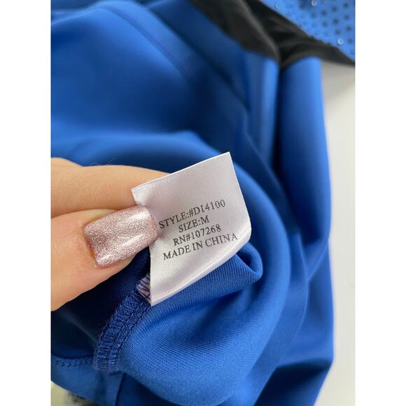 Gracia Dress Womens Medium Blue Black Mesh Rhinestone Studded Fit Flare Mini - Picture 8 of 10